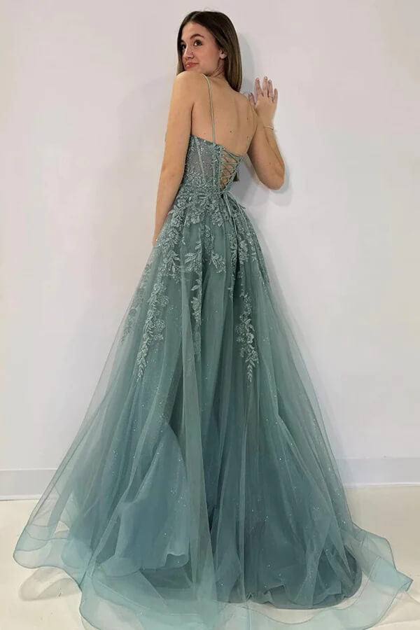Gray Green Tulle A-line Lace Appliques Prom Dresses, Evening Gown, SLP013 image 2