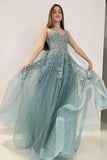 Gray Green Tulle A-line Lace Appliques Prom Dresses, Evening Gown, SLP013