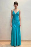 Green Satin Sheath V Neck Lace Appliques Open Back Prom Dresses, SLP094 image 4