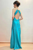 Green Satin Sheath V Neck Lace Appliques Open Back Prom Dresses, SLP094 image 5