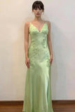 Green Satin Sheath V Neck Lace Appliques Open Back Prom Dresses, SLP094 image 1