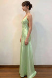 Green Satin Sheath V Neck Lace Appliques Open Back Prom Dresses, SLP094 image 3