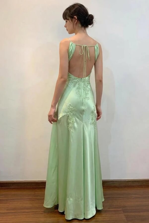 Green Satin Sheath V Neck Lace Appliques Open Back Prom Dresses, SLP094 image 2