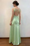 Green Satin Sheath V Neck Lace Appliques Open Back Prom Dresses, SLP094 image 2