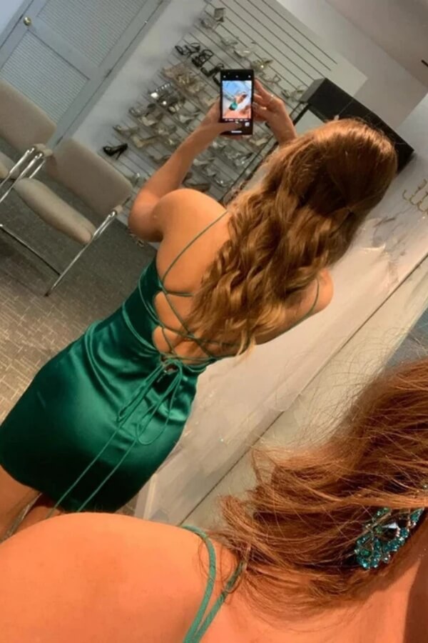 Green Satin V Neck Spaghetti Straps Lace up Short Homecoming Dresses, SH646 | sexy homecoming dress | new arrival homecoming dress | simple homecoming dress | simidress.com