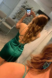 Green Satin V Neck Spaghetti Straps Lace up Short Homecoming Dresses, SH646 | sexy homecoming dress | new arrival homecoming dress | simple homecoming dress | simidress.com