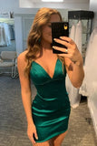 Green Satin V Neck Spaghetti Straps Lace up Short Homecoming Dresses, SH646 | school event dress | short formal dress | sweet 16 dress | simidress.com