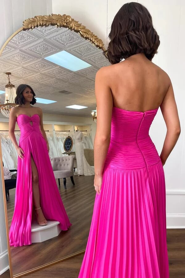 Hot Pink A-line Strapless Keyhole Pleated Prom Dresses, Party Dress, SP997
