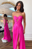 Hot Pink A-line Strapless Keyhole Pleated Prom Dresses, Party Dress, SP997 | long formal dress | evening long dress | cheap prom dress | simidress.com