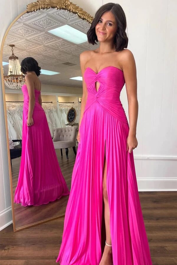 Hot Pink A-line Strapless Keyhole Pleated Prom Dresses, Party Dress, SP997 | pink prom dresses | simple long prom dress | evening dresses | simidress.com