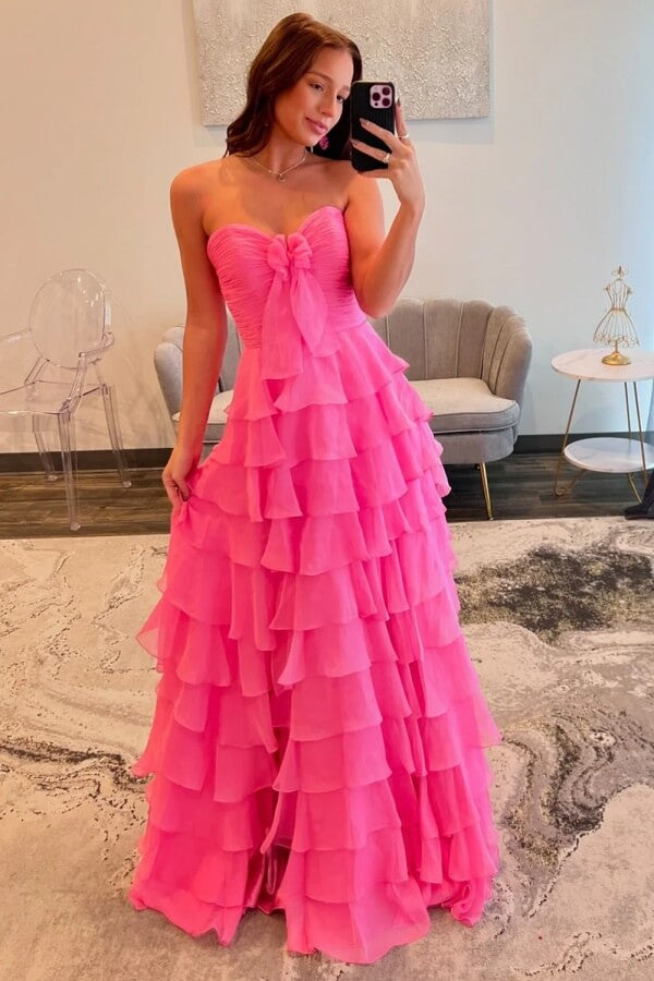 Hot Pink Chiffon Tiered A-line Sweetheart Long Prom Dresses With Slit, SLP046 | long prom dress | cheap prom dress | pink prom dress | simidress.com