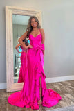 Hot Pink Satin Mermaid Spaghetti Straps Long Prom Dresses With Bow, SLP095