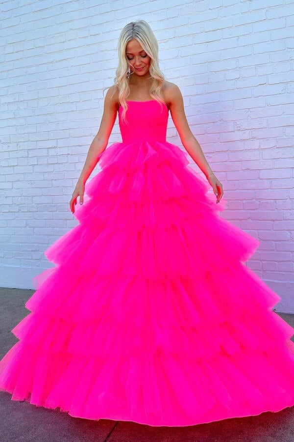 Hot Pink Tulle A-line Strapless Tiered Long Prom Dresses, Party Dress, SLP036 | simple prom dress | evening dresses | prom dress stores | simidress.com