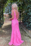 Hot Pink Tulle Mermaid Deep V-neck Lace Appliques Prom Dresses, SLP004 image 3 | simidress.com