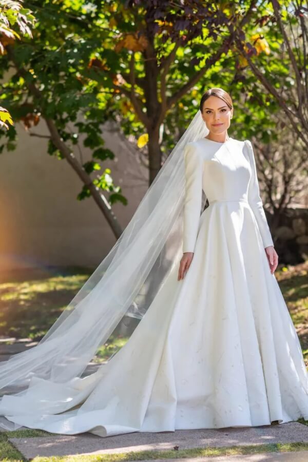 Ivory Satin Modest Embroidery A-line Long Sleeves Wedding Dresses, SW679 | simple wedding dress | beach wedding dress | satin wedding dress | simidress.com