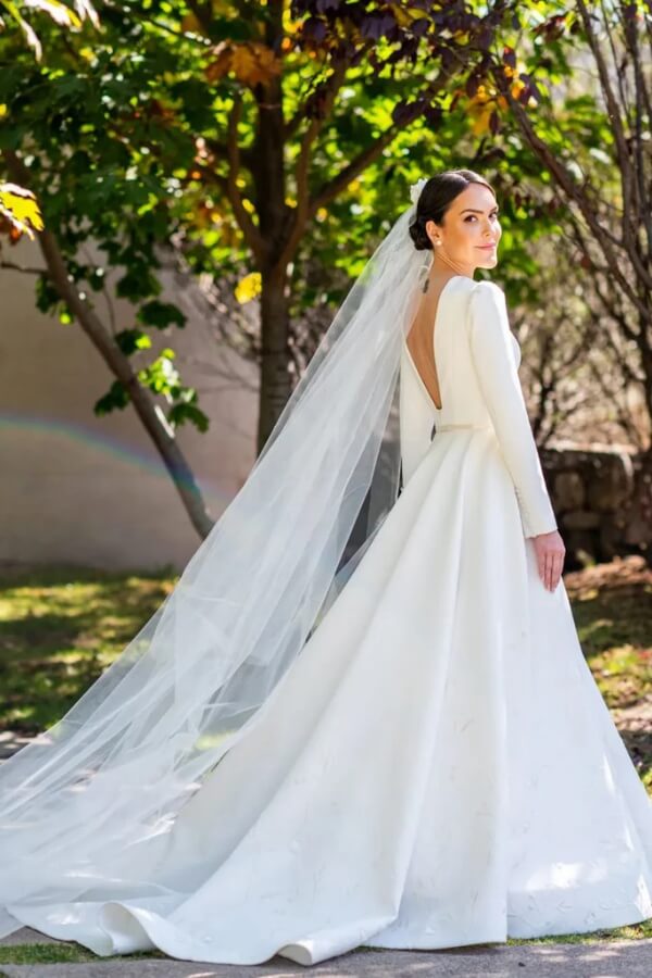 Ivory Satin Modest Embroidery A-line Long Sleeves Wedding Dresses, SW679 | backless wedding dress | vintage wedding dress | bridal gown | simidress.com