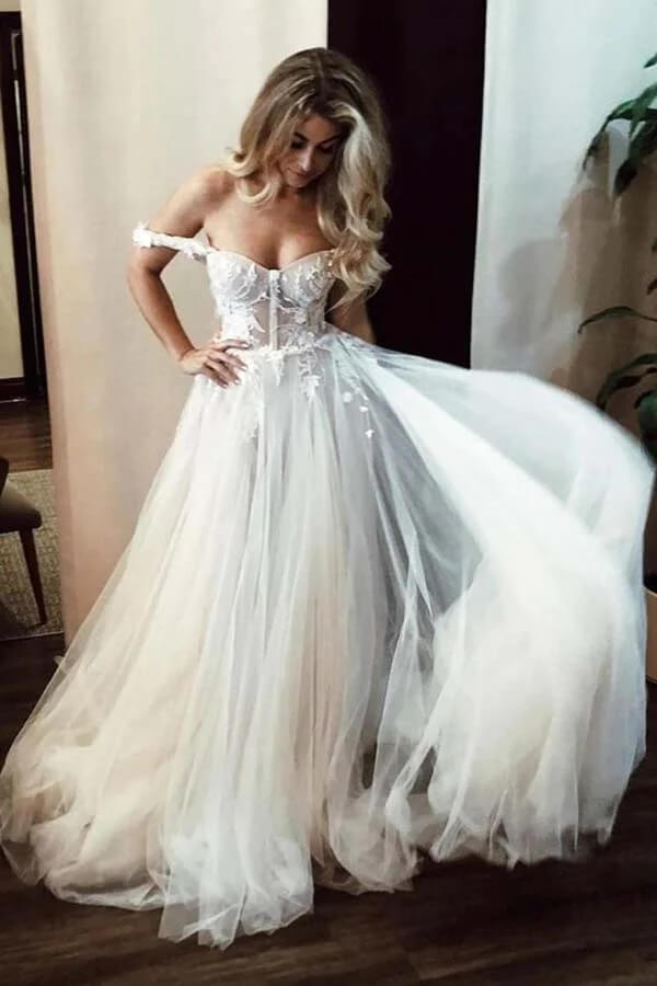 Ivory Tulle A-line Off-the-Shoulder Wedding Dresses With Lace Appliques, SW632 | tulle wedding dresses | vintage wedding dress | beach wedding dress | simidress.com