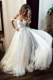 Ivory Tulle A-line Off-the-Shoulder Wedding Dresses With Lace Appliques, SW632