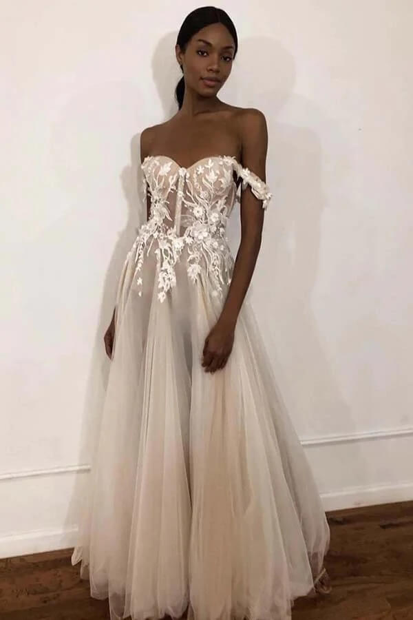 Ivory Tulle A-line Off-the-Shoulder Wedding Dresses With Lace Appliques, SW632 | champagne wedding dresses | summer wedding dresses | bohemian wedding dress | simidress.com