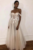 Ivory Tulle A-line Off-the-Shoulder Wedding Dresses With Lace Appliques, SW632 | champagne wedding dresses | summer wedding dresses | bohemian wedding dress | simidress.com