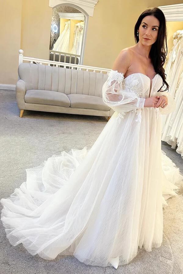 Ivory Tulle A-line Sweetheart Neck Wedding Dresses With Lace Appliques, SW655 image 1
