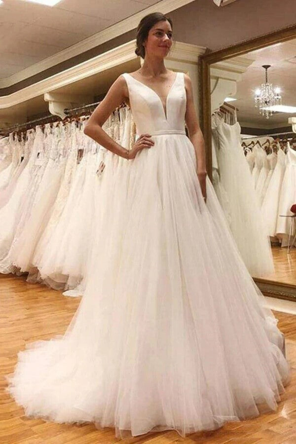 Ivory Tulle A Line V Neck Simple Wedding Dresses With Train, Bridal Gown, SW723 | cheap wedding dress | tulle wedding dress | v neck wedding dress | simidress.com