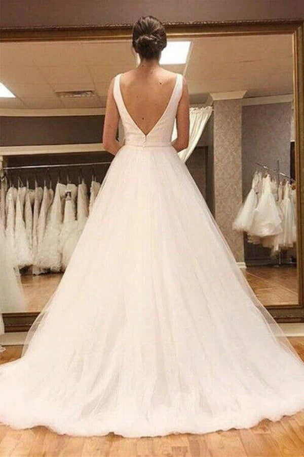 Ivory Tulle A Line V Neck Simple Wedding Dresses With Train, Bridal Gown, SW723 | backless wedding dress | wedding dress stores | bohemian wedding dress | simidress.com