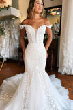 Ivory Tulle Mermaid V-neck Off Shoulder Court Train Wedding Dresses, SW682 image 3