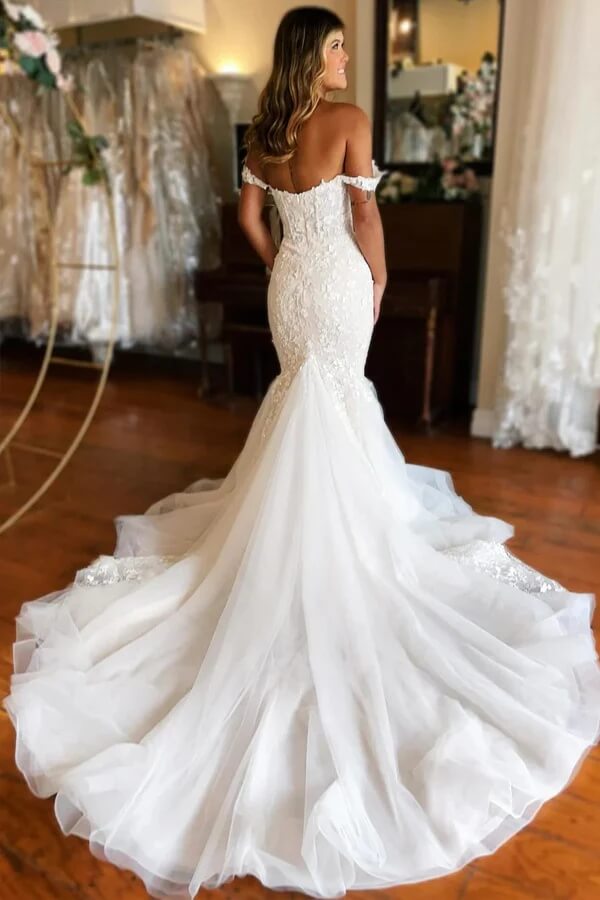 Ivory Tulle Mermaid V-neck Off Shoulder Court Train Wedding Dresses, SW682 image 2