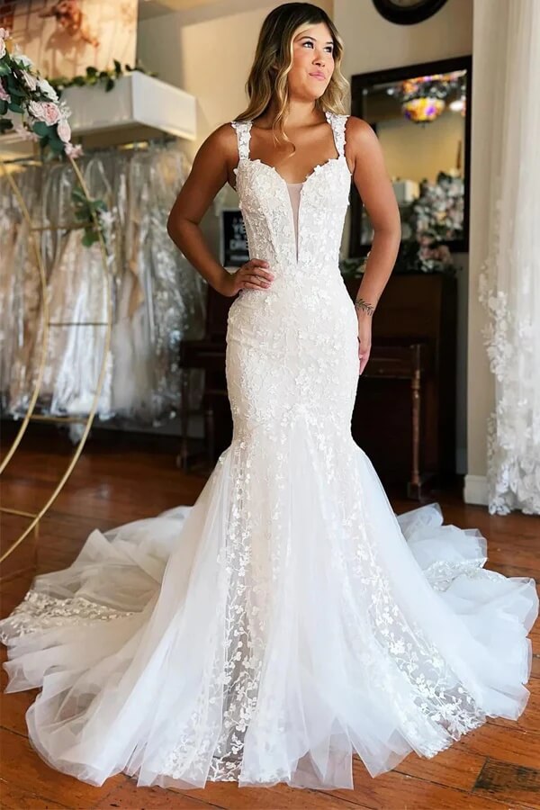 Ivory Tulle Mermaid V-neck Off Shoulder Court Train Wedding Dresses, SW682 image 1