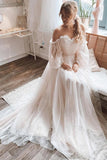 Ivory Tulle Polka Dots Lace Boho Wedding Dresses With Long Sleeves, SW743 | long sleeve lace wedding dress | boho lace wedding dress | plus size lace wedding dress | simidress.com