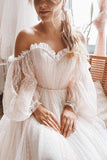 Ivory Tulle Polka Dots Lace Boho Wedding Dresses With Long Sleeves, SW743 | wedding dress lace fabric | a line lace wedding dress | affordable lace wedding dress | simidress.com