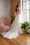 Ivory Tulle Polka Dots Lace Boho Wedding Dresses With Long Sleeves, SW743 | cheap lace wedding dress | vintage wedding dress | wedding dress stores | simidress.com