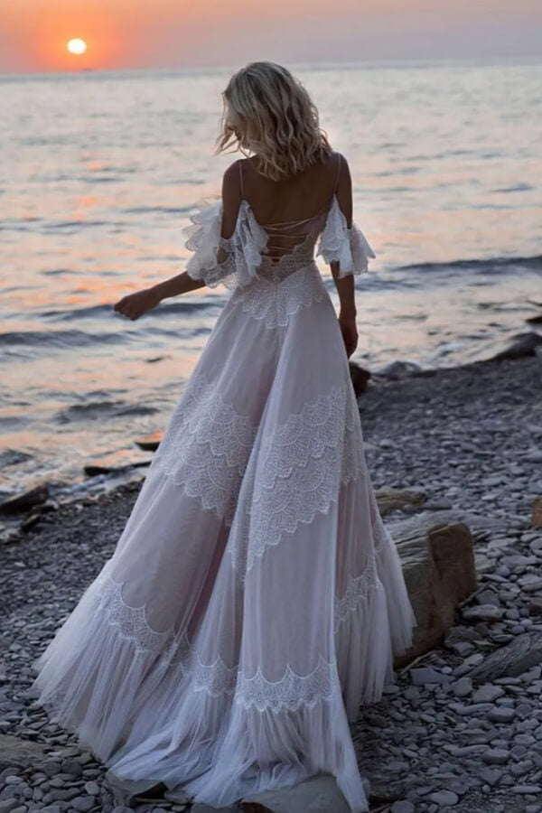 Ivory Tulle V-neck Spaghetti Straps Off Shoulder Lace Wedding Dresses, SW687 | simple wedding dresses | a line wedding dress | tulle wedding dress | simidress.com