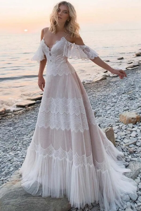 Ivory Tulle V-neck Spaghetti Straps Off Shoulder Lace Wedding Dresses, SW687 | cheap lace wedding dress | bridal gown | beach wedding dress | simidress.com