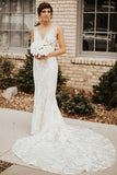 Tulle Lace Mermaid Deep V-neck Wedding Dresses With Court Train, SW668