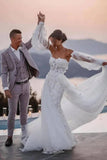 Lace Mermaid Off-the-Shoulder Beach Wedding Dress With Detachable Train, SW644 image 2