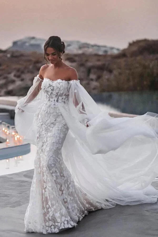 Lace Mermaid Off-the-Shoulder Beach Wedding Dress With Detachable Train, SW644 image 1