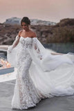 Lace Mermaid Off-the-Shoulder Beach Wedding Dress With Detachable Train, SW644