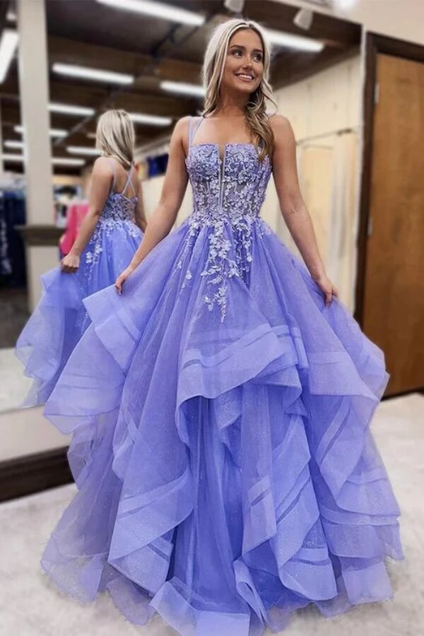 Lavender Tulle A Line Lace Appliques Spaghetti Straps Prom Dresses, SLP101 | purple prom dress | lace prom dress | cheap prom dress | simidress.com
