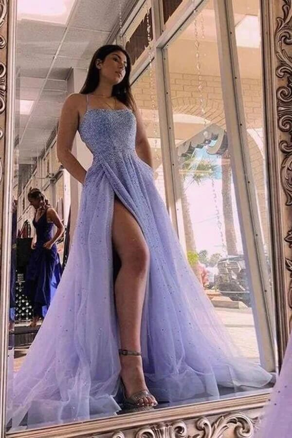 Lavender Tulle Beaded A-line Scoop Spaghetti Straps Long Prom Dresses, SP979 image 2