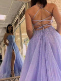 Lavender Tulle Beaded A-line Scoop Spaghetti Straps Long Prom Dresses, SP979 image 3