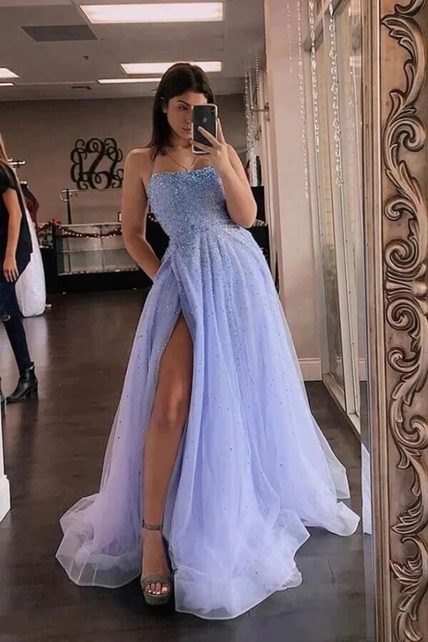 Lavender Tulle Beaded A-line Scoop Spaghetti Straps Long Prom Dresses, SP979 image 1