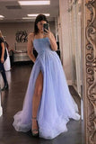 Lavender Tulle Beaded A-line Scoop Spaghetti Straps Long Prom Dresses, SP979