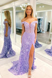 Lavender Tulle Mermaid Off-the-Shoulder Lace Appliques Prom Dresses, SLP026 | cheap prom dresses | long formal dresses | party dresses | simidress.com