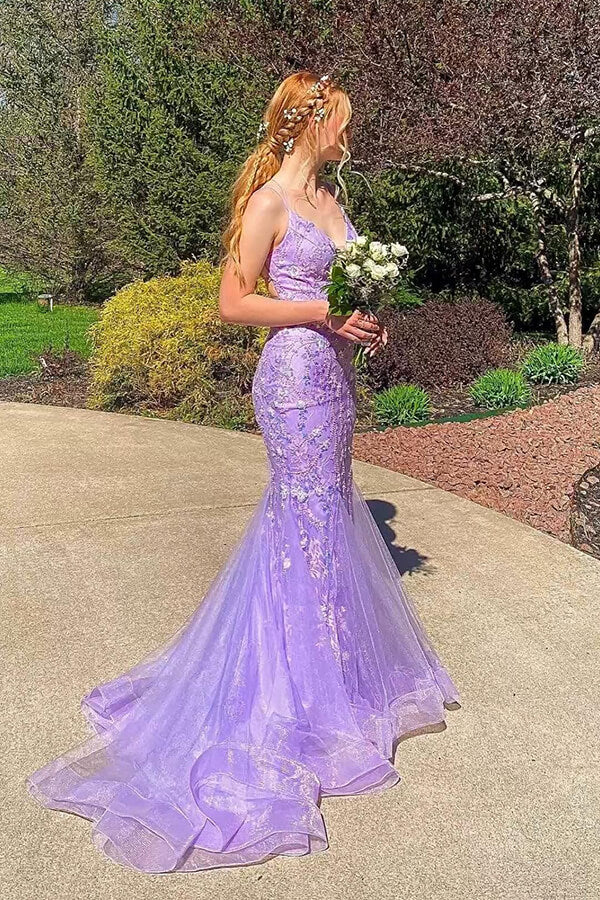 Lavender Tulle Mermaid V-neck Lace Appliques Cross Back Prom Dresses, SLP063 | cheap long prom dress | evening dresses | party dress | simidress.com