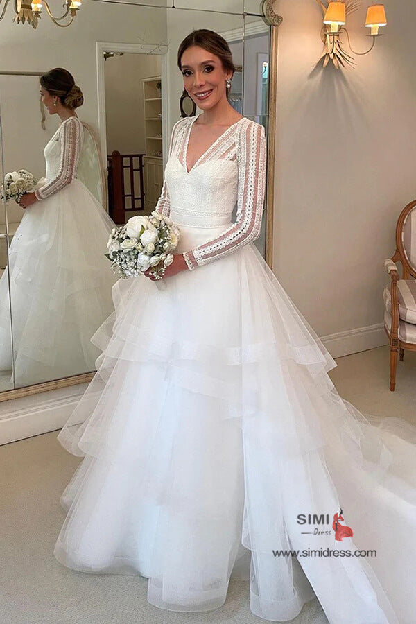 Ball Gown V-neck Long Sleeves Wedding Dress, SW665