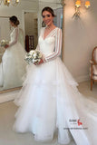Layered Tulle Ball Gown V-neck Long Sleeves Wedding Dress With Train, SW665