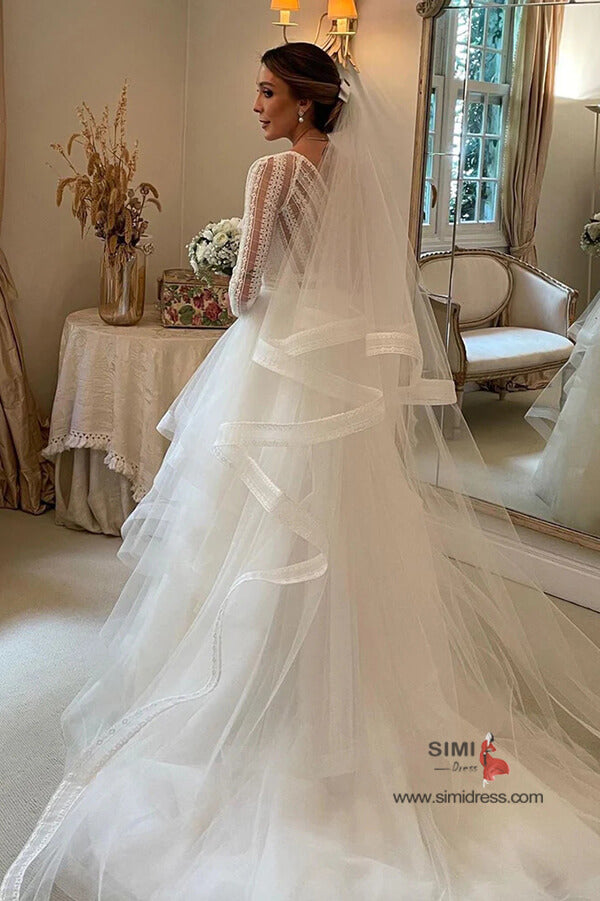 Layered Tulle Ball Gown V-neck Long Sleeves Wedding Dress With Train, SW665 | v neck wedding dress | tulle wedding dress | bridal gown | simidress.com
