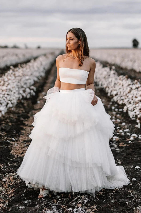 Layered Tulle Two Piece Country Wedding Dresses With Sweep Train, SW681 image 1